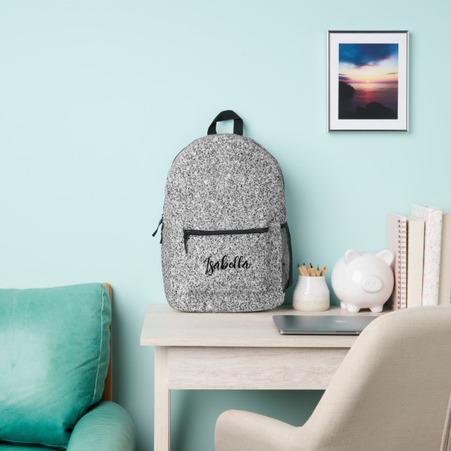 Silver gray light glitter sparkles Custom name Printed Backpack (Insitu)