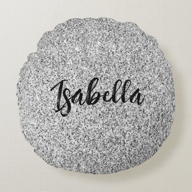 Silver gray light glitter sparkles Custom name Round Pillow (Front)