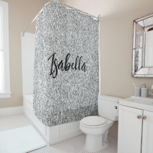 Silver gray light glitter sparkles Custom name Shower Curtain
