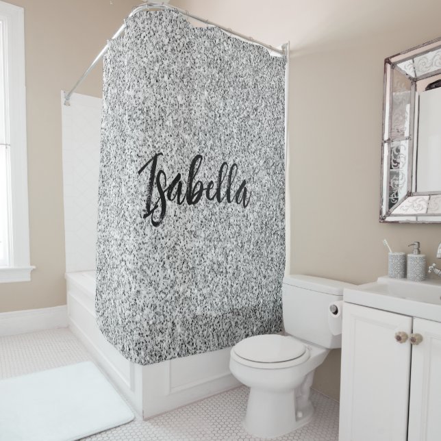 Silver gray light glitter sparkles Custom name Shower Curtain (In Situ)