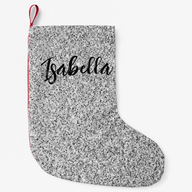 Silver gray light glitter sparkles Custom name Small Christmas Stocking (Front)