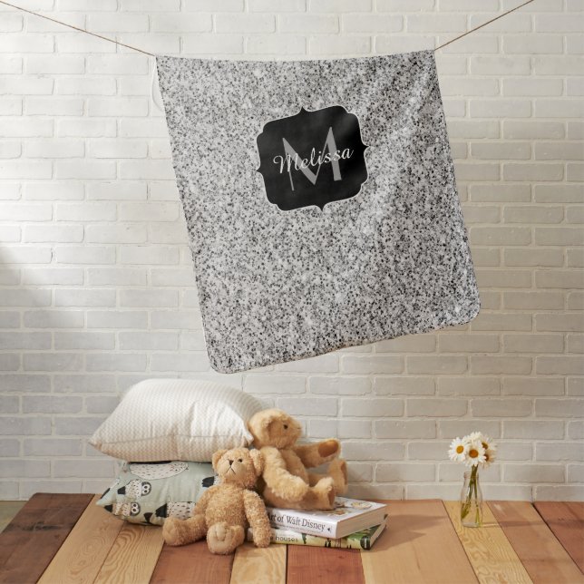 Silver gray light glitter sparkles Monogram Baby Blanket (In Situ)