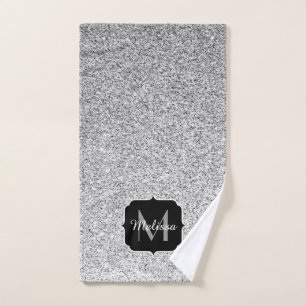 Silver gray light glitter sparkles Monogram Bath Towel Set
