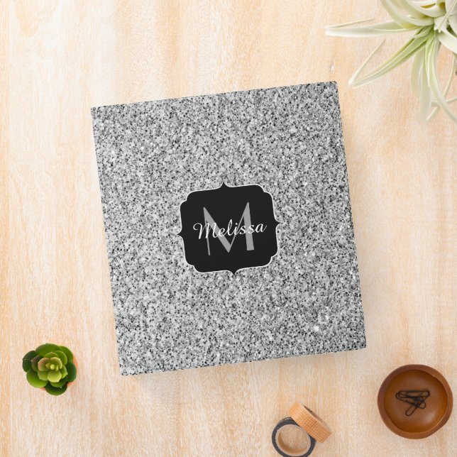 Silver gray light glitter sparkles Monogram Binder (In Situ)