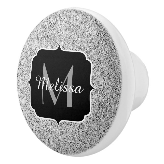 Silver gray light glitter sparkles Monogram Ceramic Knob (Right)