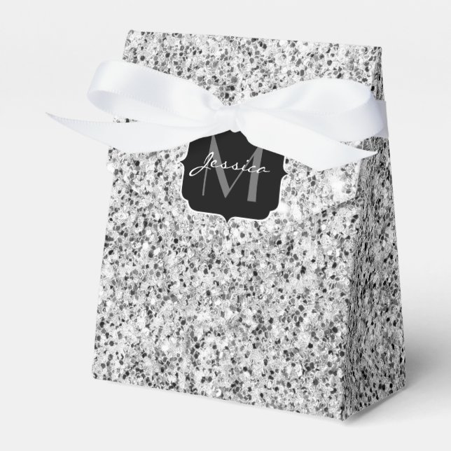 Silver gray light glitter sparkles Monogram Favor Boxes (Front Side)