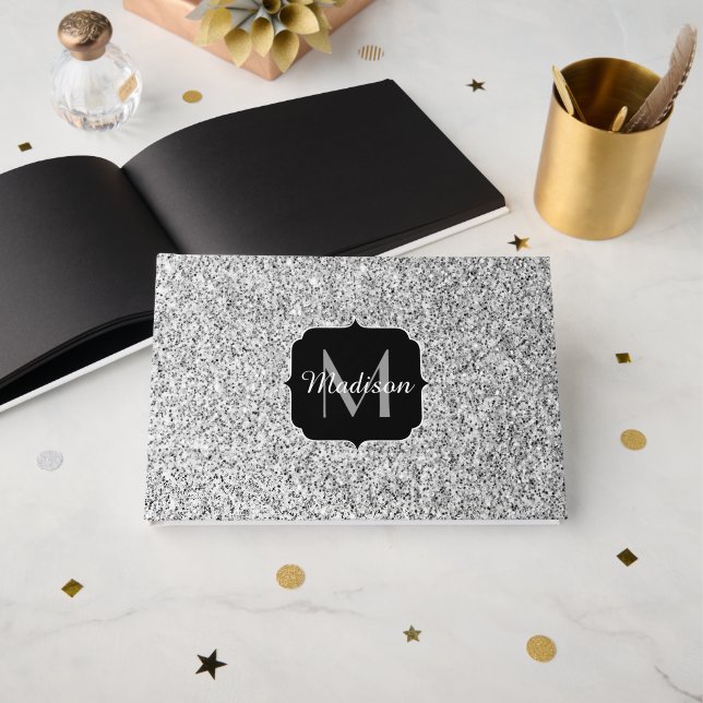 Silver gray light glitter sparkles Monogram Guest Book (Front Open)