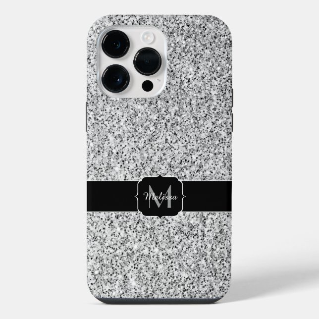 Silver gray light glitter sparkles Monogram Iphone Case (Back)