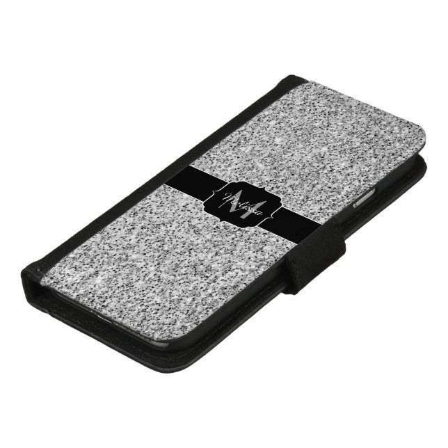 Silver gray light glitter sparkles Monogram iPhone Wallet Case (Bottom)