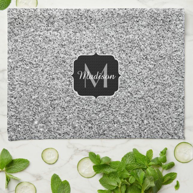 Silver gray light glitter sparkles Monogram Kitchen Towel (Folded)