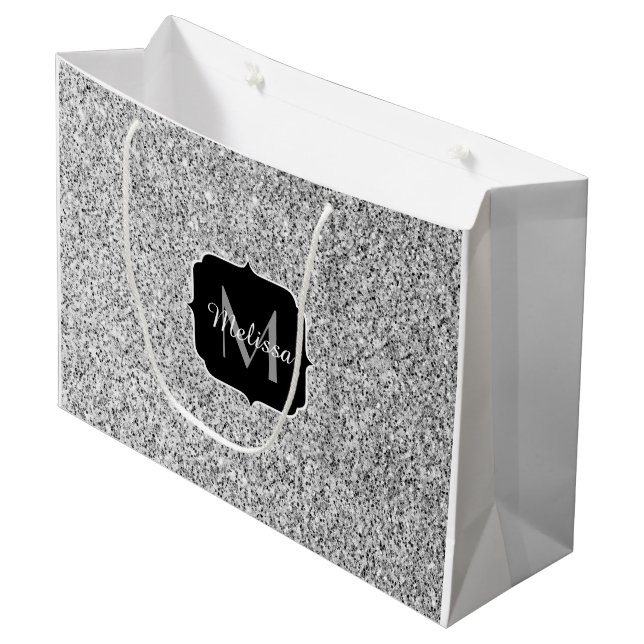 Silver gray light glitter sparkles Monogram Large Gift Bag (Front Angled)