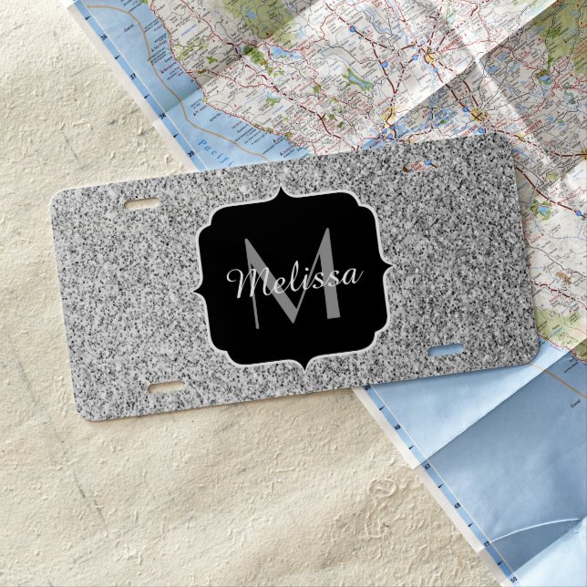Silver gray light glitter sparkles Monogram License Plate (In Situ)