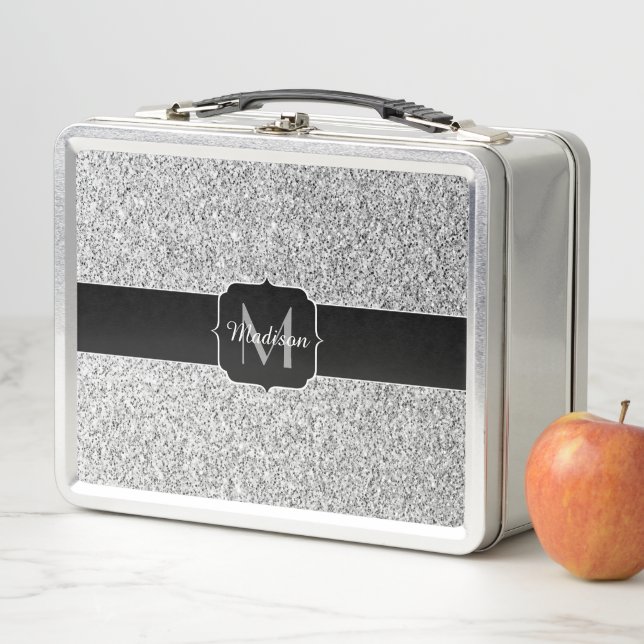 Silver gray light glitter sparkles Monogram Metal Lunch Box (In Situ)