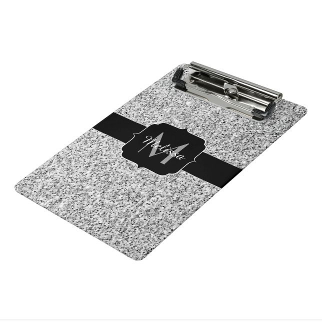 Silver gray light glitter sparkles Monogram Mini Clipboard (Angled3)