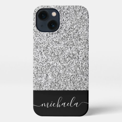 Silver gray light glitter sparkles Monogram name iPhone 13 Case