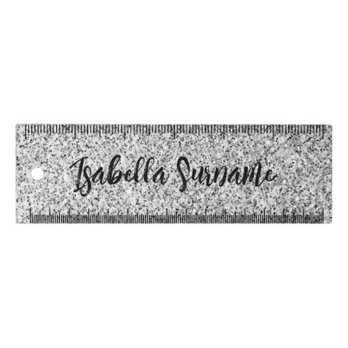 Silver gray light glitter sparkles Monogram name Ruler