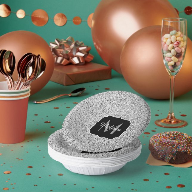 Silver gray light glitter sparkles Monogram Paper Bowls (Multi)