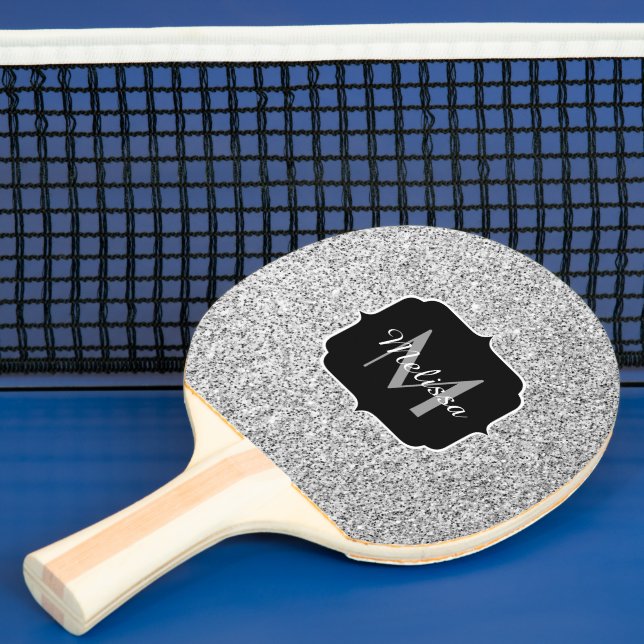 Silver gray light glitter sparkles Monogram Ping Pong Paddle (Insitu)