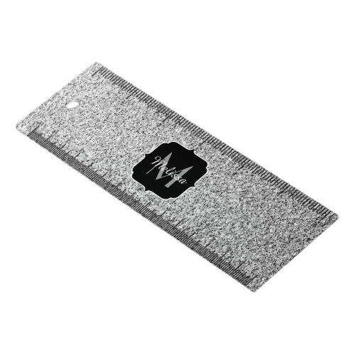 Silver gray light glitter sparkles Monogram Ruler