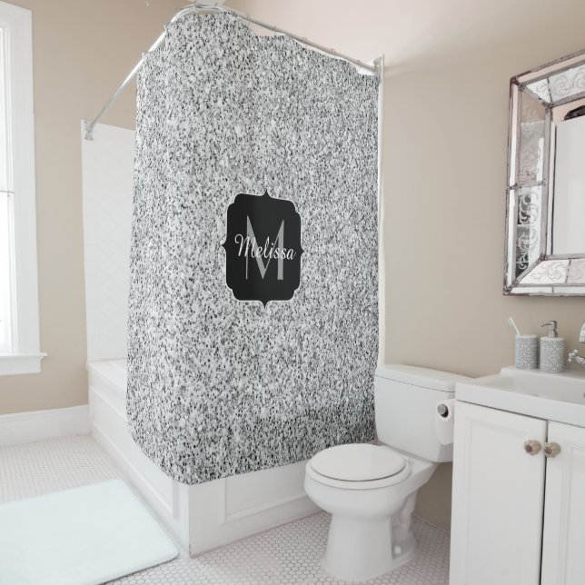 Silver gray light glitter sparkles Monogram Shower Curtain (In Situ)