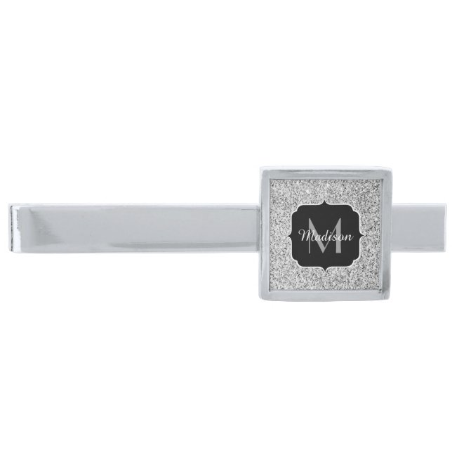 Silver gray light glitter sparkles Monogram Silver Finish Tie Clip (Front)