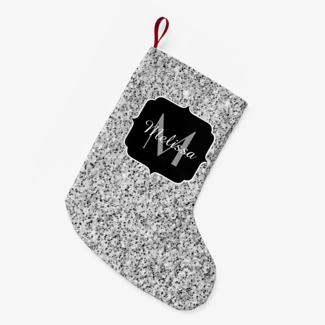 Silver gray light glitter sparkles Monogram Small Christmas Stocking (Front (Hanging))