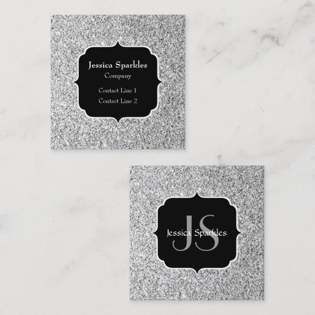 Silver gray light glitter sparkles Monogram Square Business Card (Front/Back)