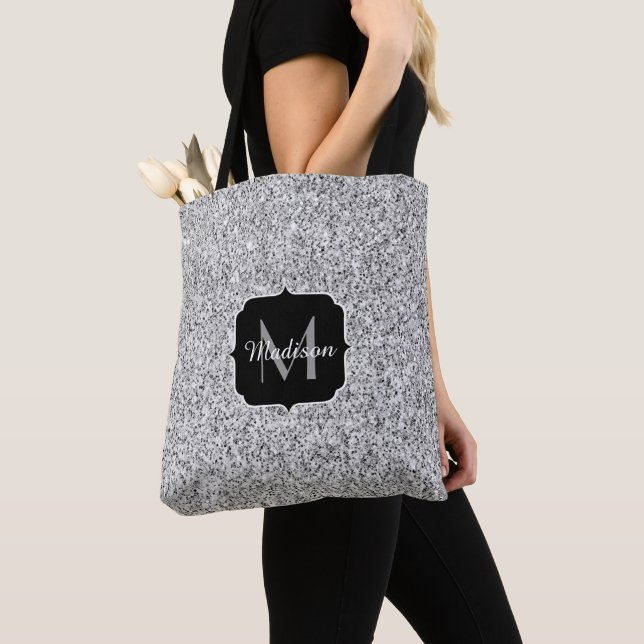 Silver gray light glitter sparkles Monogram Tote Bag (Close Up)