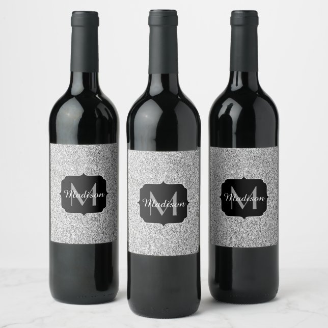 Silver gray light glitter sparkles Monogram Wine Label (Bottles)