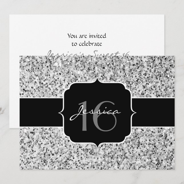 Silver gray light glitter sparkles Sweet 16 Invitation (Front/Back)