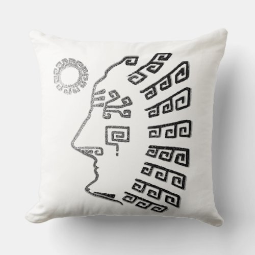 Silver Gray Machu Picchu Drawing on White Throw Pillow