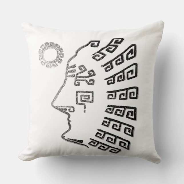 Silver Gray Machu Picchu Drawing on White Throw Pillow (Front)