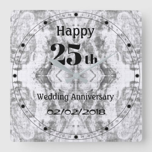 Silver Gray Marble 25th Wedding Anniversary Square Wall Clock