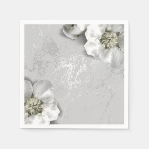 Silver Gray Marble Metallic Blush White Flower Paper Napkins