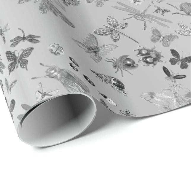 Silver Gray Meadow Butterfly Insects Gems Diamond Wrapping Paper (Roll Corner)