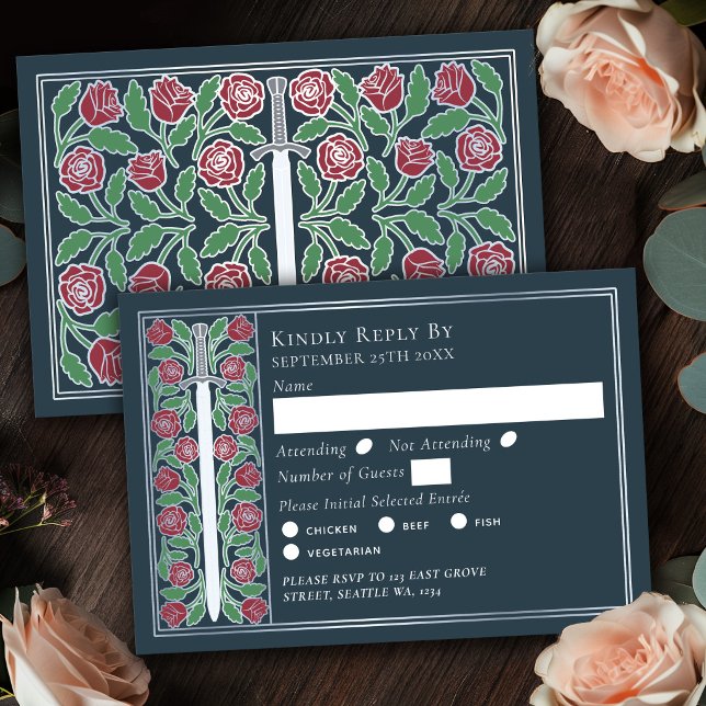 Silver Gray Medieval Floral Sword Wedding RSVP Card (Creator Uploaded)