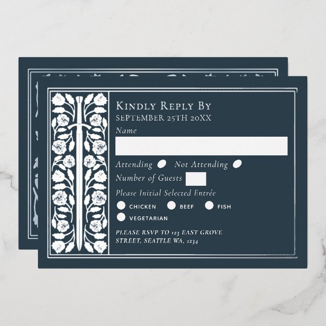 Silver Gray Medieval Sword Wedding RSVP Foil Invitation (Front/Back)
