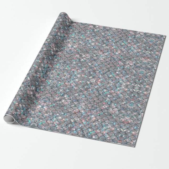 Silver Gray Mermaid Scales Holographic Decoupage Wrapping Paper (Unrolled)
