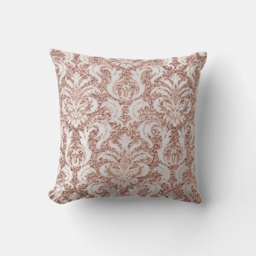 Silver Gray Metal Damask Rose Pink Blush Glitter Throw Pillow