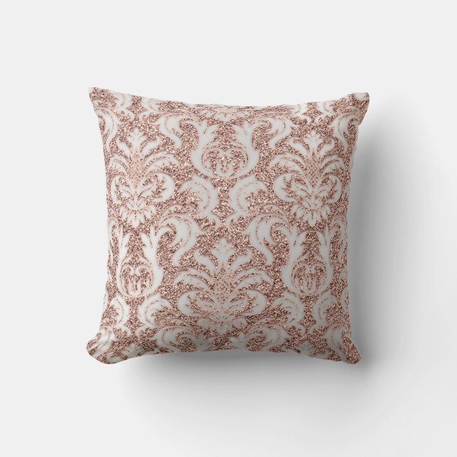 Silver Gray Metal Damask Rose Pink Blush Glitter Throw Pillow (Front)