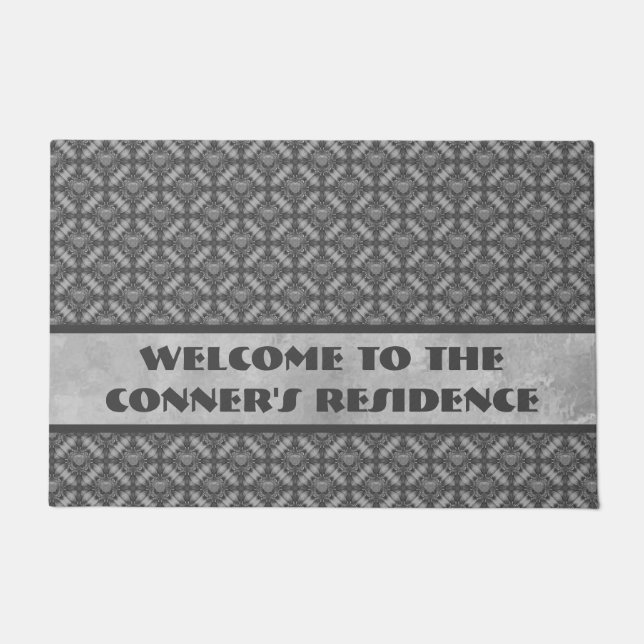 Silver Gray Metal Flowers with Gems Pattern Doormat (Front)