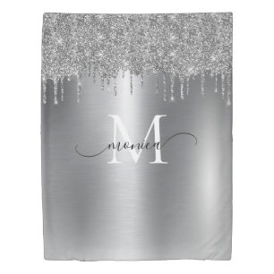 Silver Gray Metal Glitter Drips Monogram Name Duvet Cover