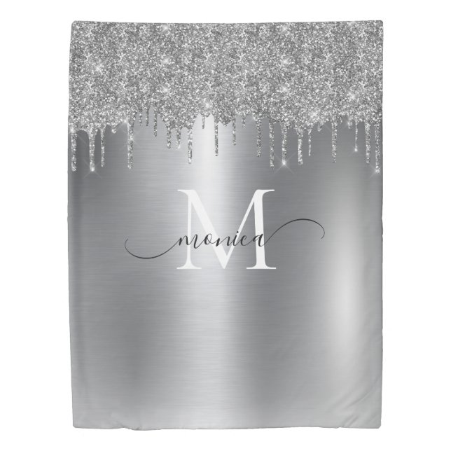 Silver Gray Metal Glitter Drips Monogram Name Duvet Cover (Front)