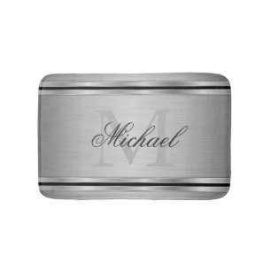 Silver Gray Metalic Pattern Monogram Bath Mat