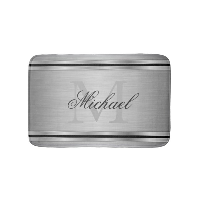 Silver Gray Metalic Pattern Monogram Bath Mat (Front)