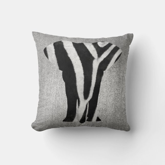Silver Gray Metallic Black Zebra Skin Elephant Throw Pillow (Front)