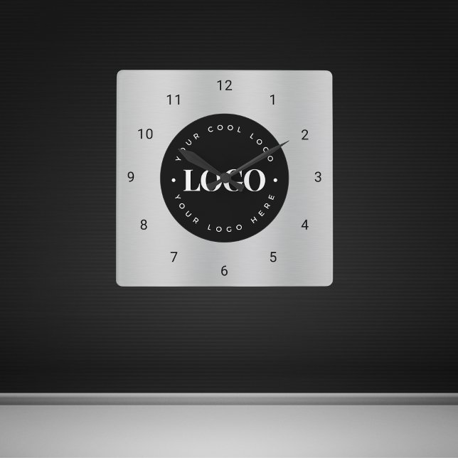 Silver Gray Metallic Custom Logo Company Office Square Wall Clock (Creator Uploaded)