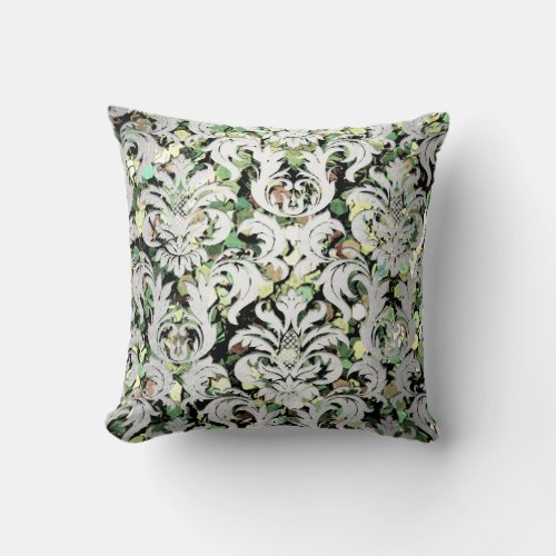 Silver Gray Metallic Damask Woodland Green Grey Throw Pillow