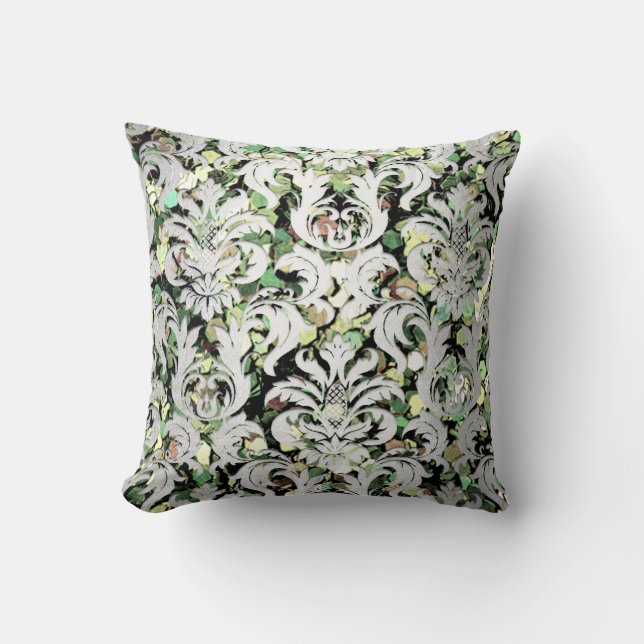 Silver Gray Metallic Damask Woodland Green Grey Throw Pillow (Front)