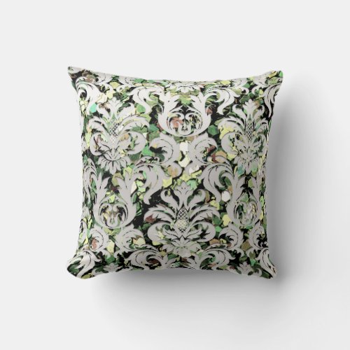 Silver Gray Metallic Damask Woodland Green Lux Throw Pillow